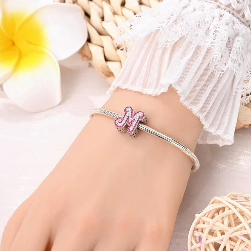 Pink Girl Series 925 Sterling Silver Alphabet Charms Beads Cute Letter Fit Original Bracelet Bangle Necklace DIY Jewelry