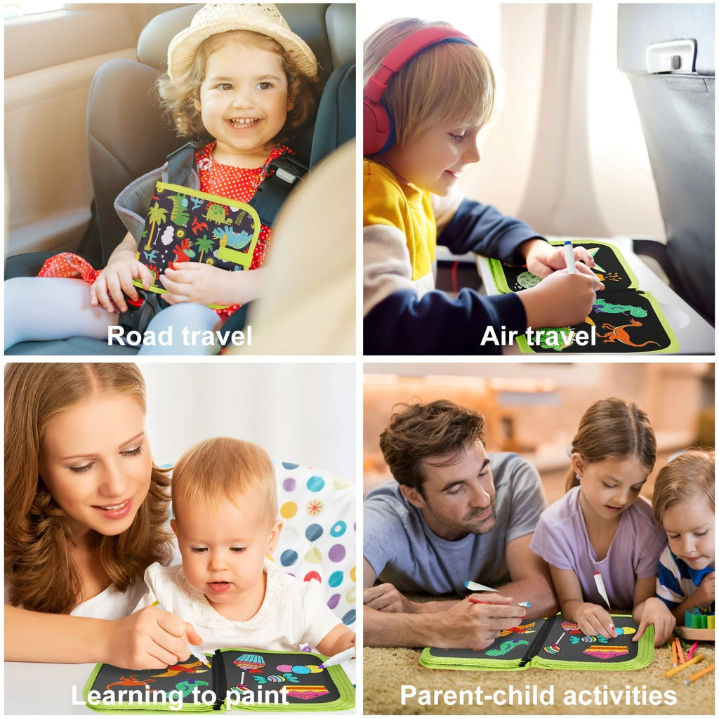 Green Dinosaur Erasable Book Doodle Set Magic Drawing Book Reusable Drawing Book 12 Watercolor Pens 14 Page Drawing for Kids