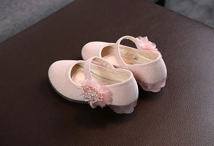 Korean Style Fashion Kids Beaded Little Flowers Leather Shoes Girls Princess Shoes Children Crystal Soft Bottom Dancing Shoes