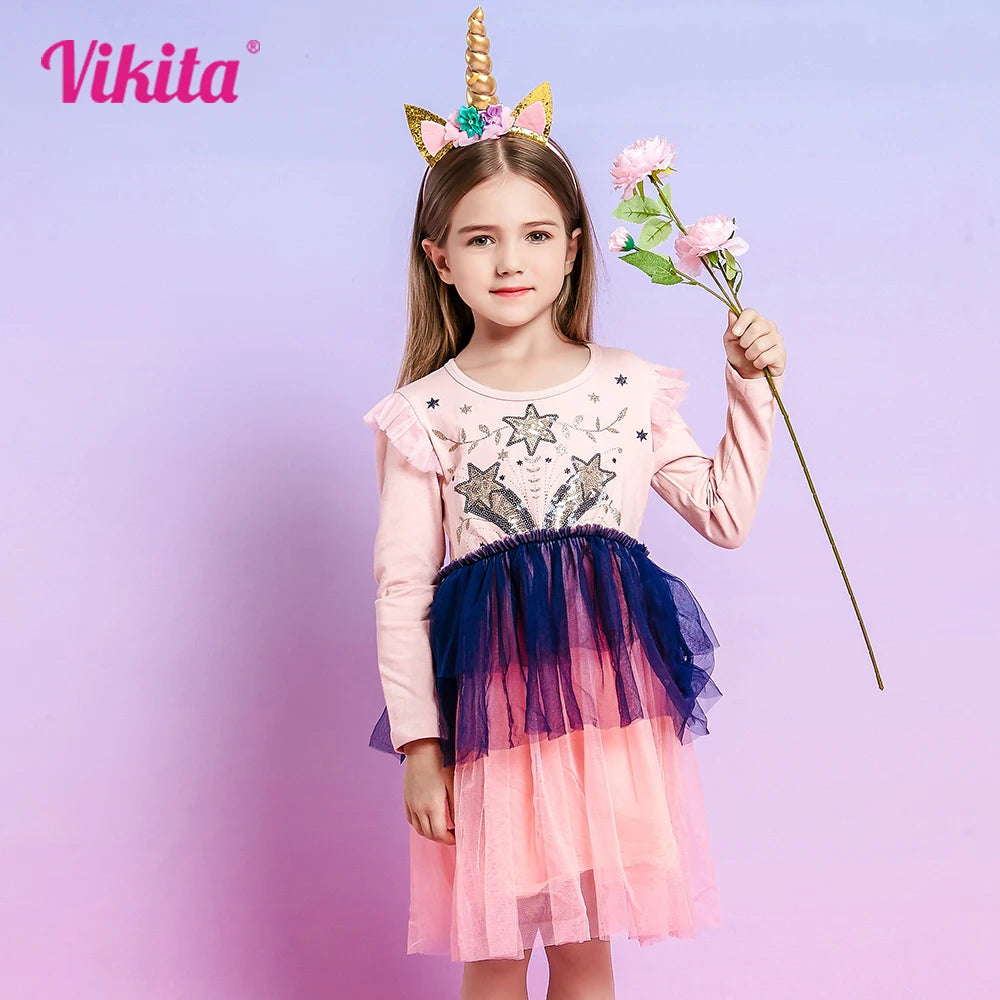 VIKITA Kids Pink Dress Girls Long Sleeve Autumn Spring Dress Kids Star Sequins Appliqued Vestidos Layered Princess Casual Wear