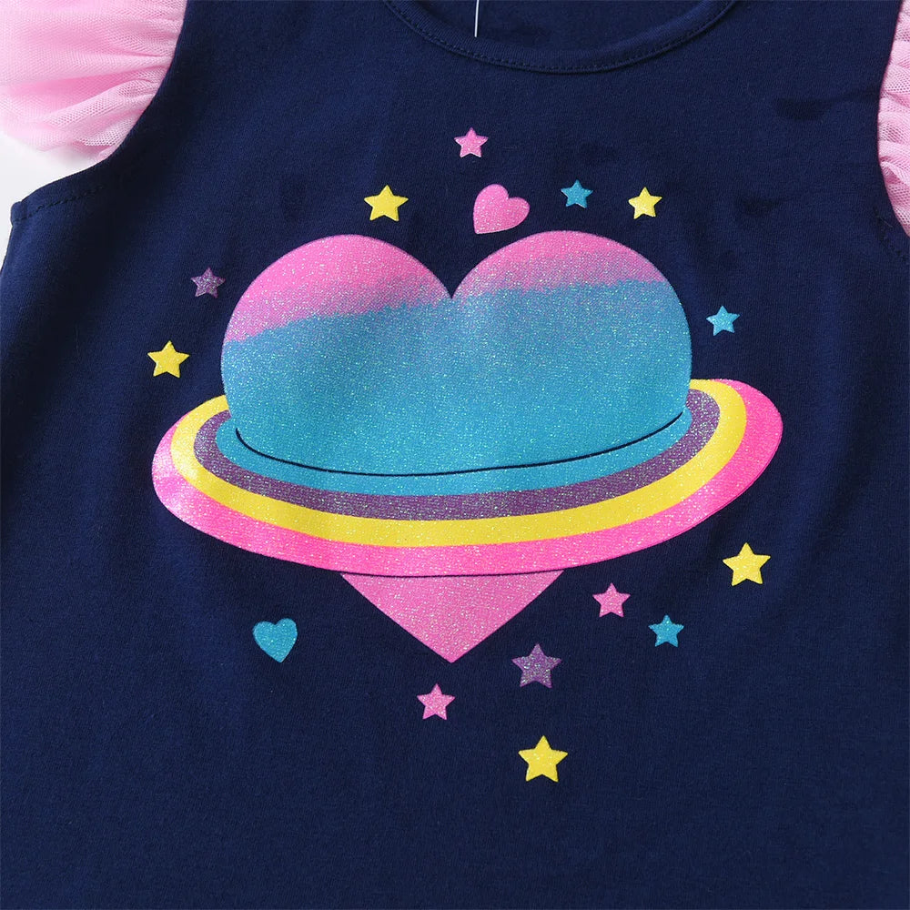 VIKITA Girls Summer Clothing Sets Kids Flare Sleeve Heart Cotton Tops Tees and Rainbow Mesh Tulle Skirts 2 Pcs Children Clothes