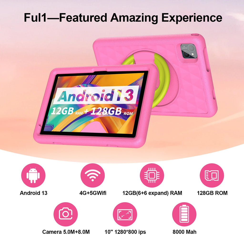 10.1 Inch Tablet for Kids, Android 13, Octa-Core, 4G LTE Dual SIM, Parental Control, 12GB RAM(6+6 Expand)/128 GB Storage