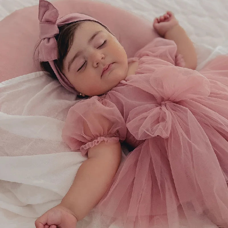 2025 Summer Baby Clothes 100 Day Baptism Birthday Party Sleeveless jumpsuit Mesh Bow Romper Girl Princess Dress