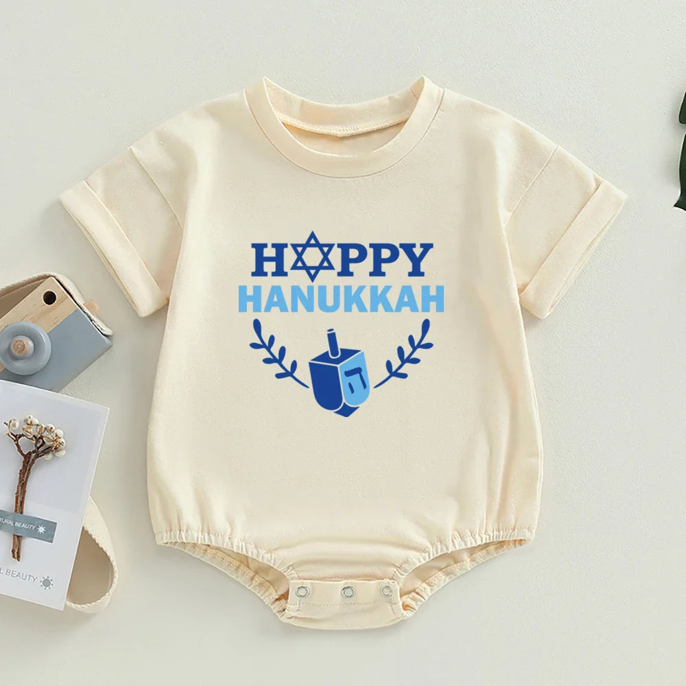 Happy Hanukkah Baby Bubble Romper Jewish  Oversized T-Shirt Romper Shirts Chanukah Boys Girls Clothes Hanukkah Infant Jumpsuit