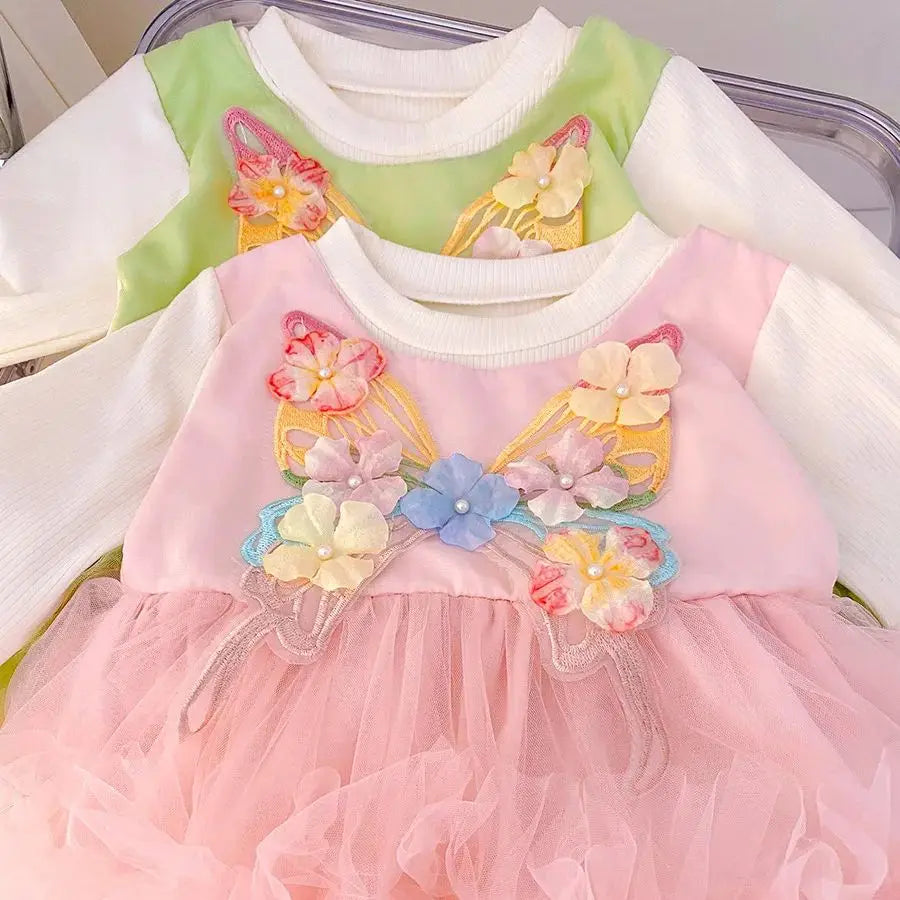 Spring And Autumn New Baby Girl Princess Dress, Sweet Flower Butterfly Children'S Long Sleeve Clothes For Babies Aged 0-3 Years