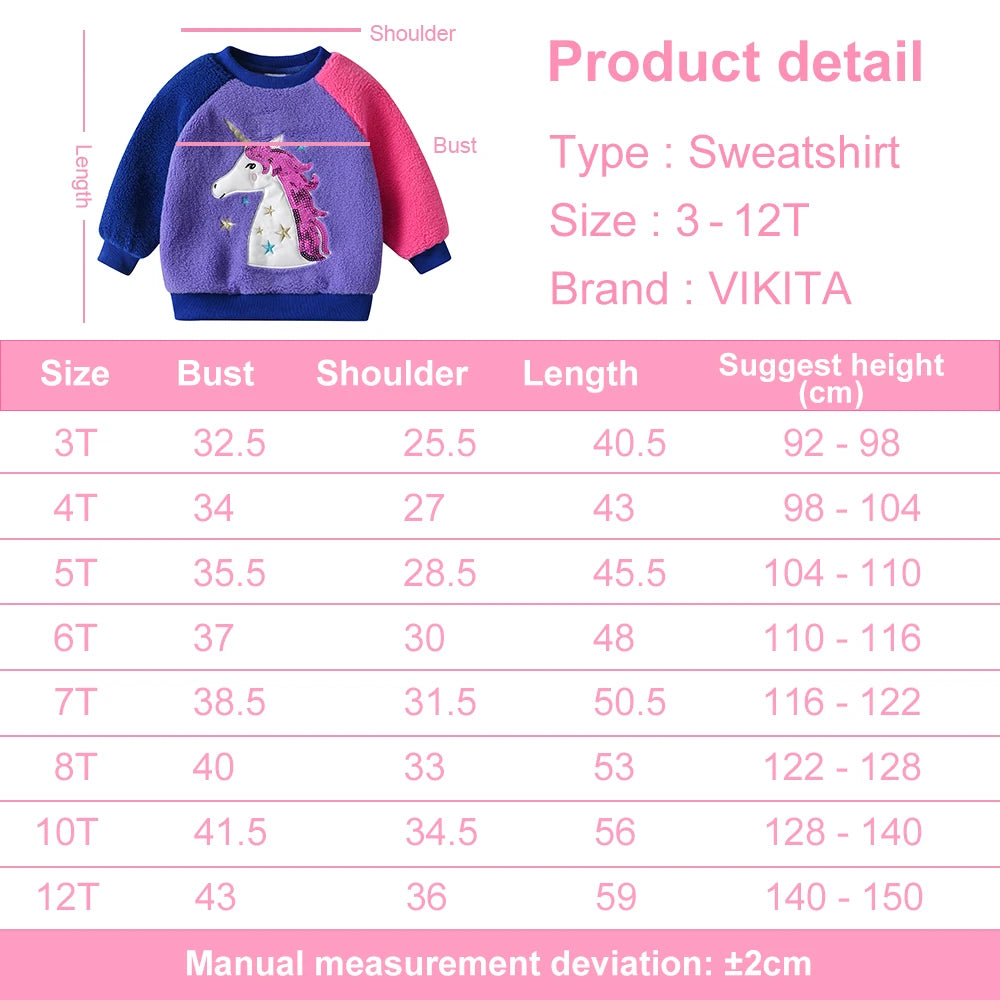 VIKITA Kids Fleece Thick Sweatshirt Girls Unicorn Sequined Cartoon Pullover Outerwear Kids Autumn Winter Warm Sports Sweatshirts