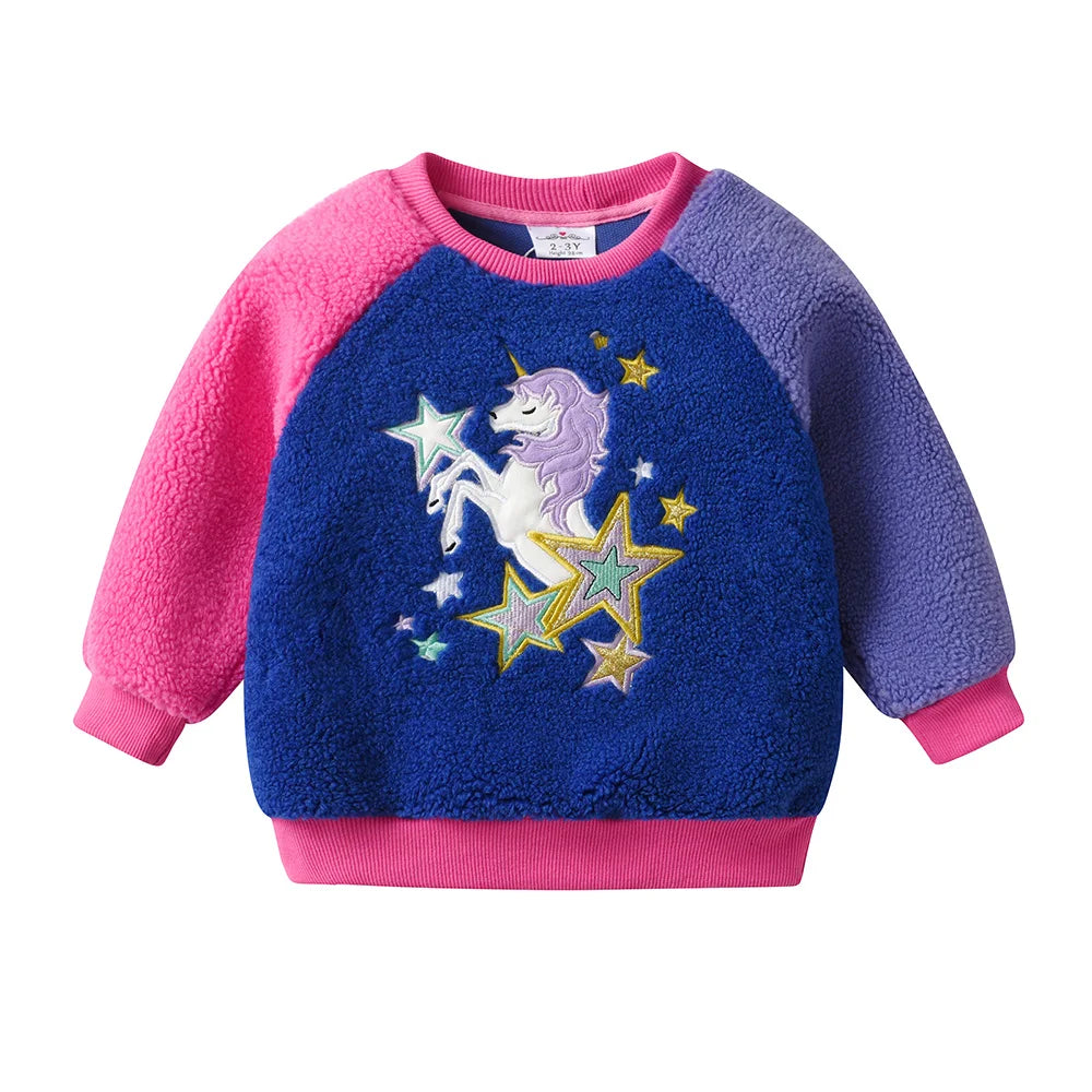 VIKITA Toddlers Licorne Star Appliqued Patchwork Sweatshirt Girls Fleece Autumn Winter Soft Sportwear Pullover Tops Costumes