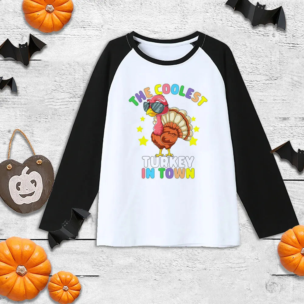 Thanksgiving Boys Girls Shirt Coolest Turkey In Town T-Shirt Kids Thanksgiving Cute Clothes Gift Tee Child Sibling Raglan Shirt