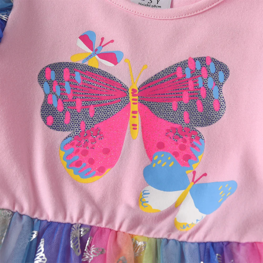 VIKITA Kids Butterfly Flower Print Flare Sleeve Dress Girls Colorful Party Vacation Performance Princess Dress for Kids Clothing