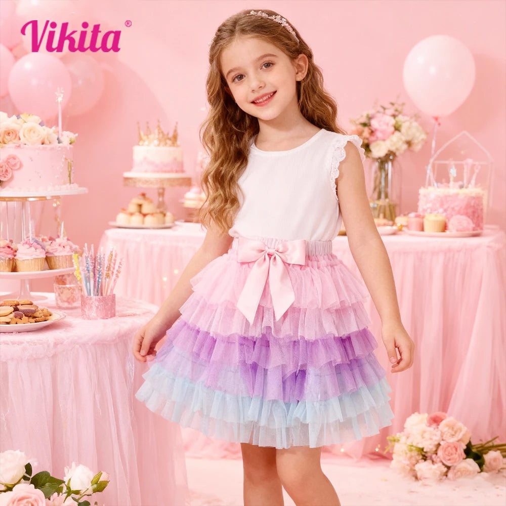 VIKITA Girls Tulle Tutu Skirts Kids Princess Layered Ball Gown Pettiskirt Ballet Dance Party Birthday Cake Sweet Mini Skirt