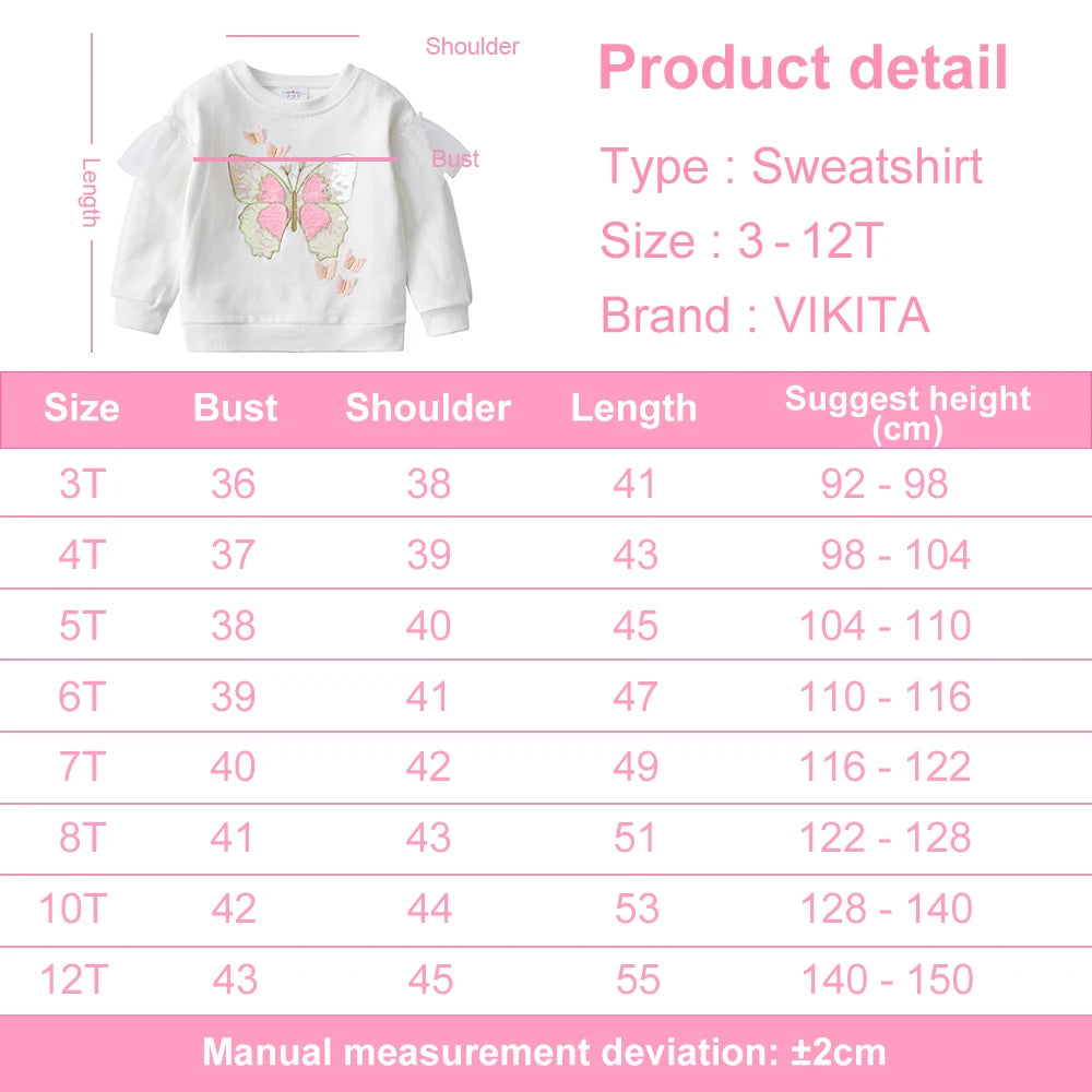 VIKITA Girls Cotton Casual Sports Sweatshirt Kids Butterfly Sequined Appliqued Flare Sleeve Cartoon Outerwear Children Clothing