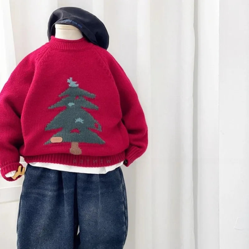 Korean Style Knitted Jacquard Sweater for Boys, Christmas/New Year Festive Crewneck Knitwear, Spring Autumn Stylish Versatile