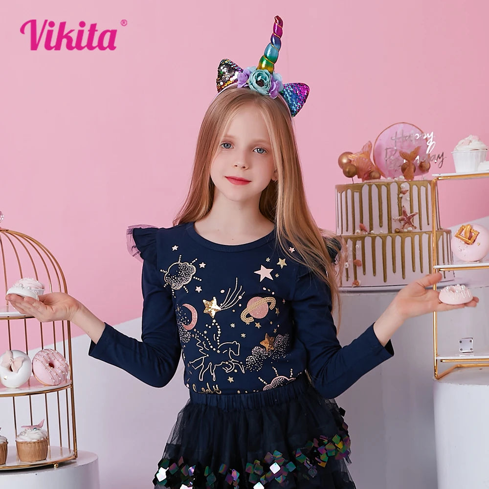VIKITA Girls Cartoon Sequined Appliqued T Shirts Kids Long Sleeve Autumn Spring Cotton T Shirts Kids Casual Wear Tops and Tees
