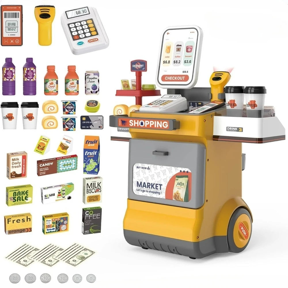 Cash Register Playset for Kids Pretend Play Shopping Money Calculator Scanner Credit Card Play Food for Boys Girls Birthday Gift