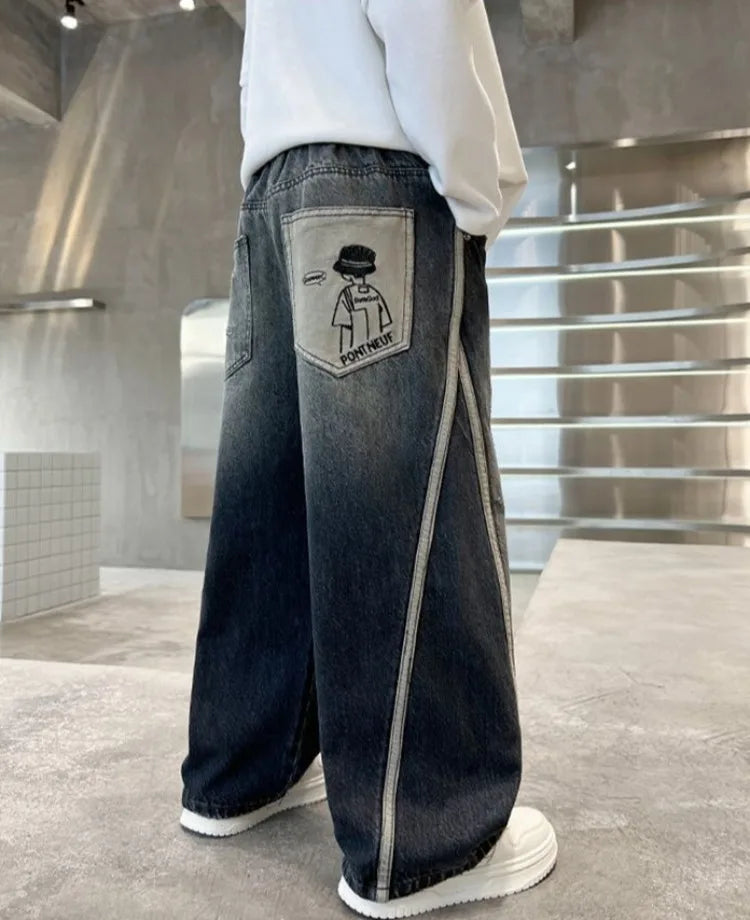 2025 New Boys Straight Jeans Big & Tall Kids Autumn Winter Denim Pants Boys Long Jeans