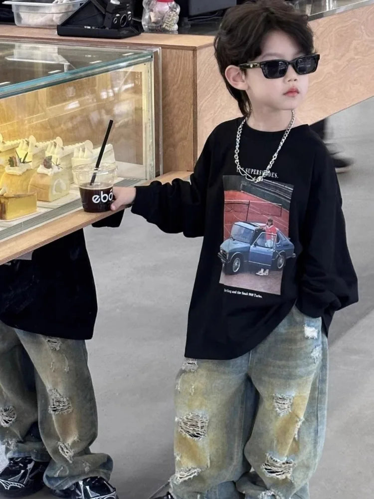 Loose Autumn Cotton T Shirt Child Korean Children's Clothing 2025 Kids Boys Clothes Long Sleeve Outdoor Tees Year Old Boy Wear