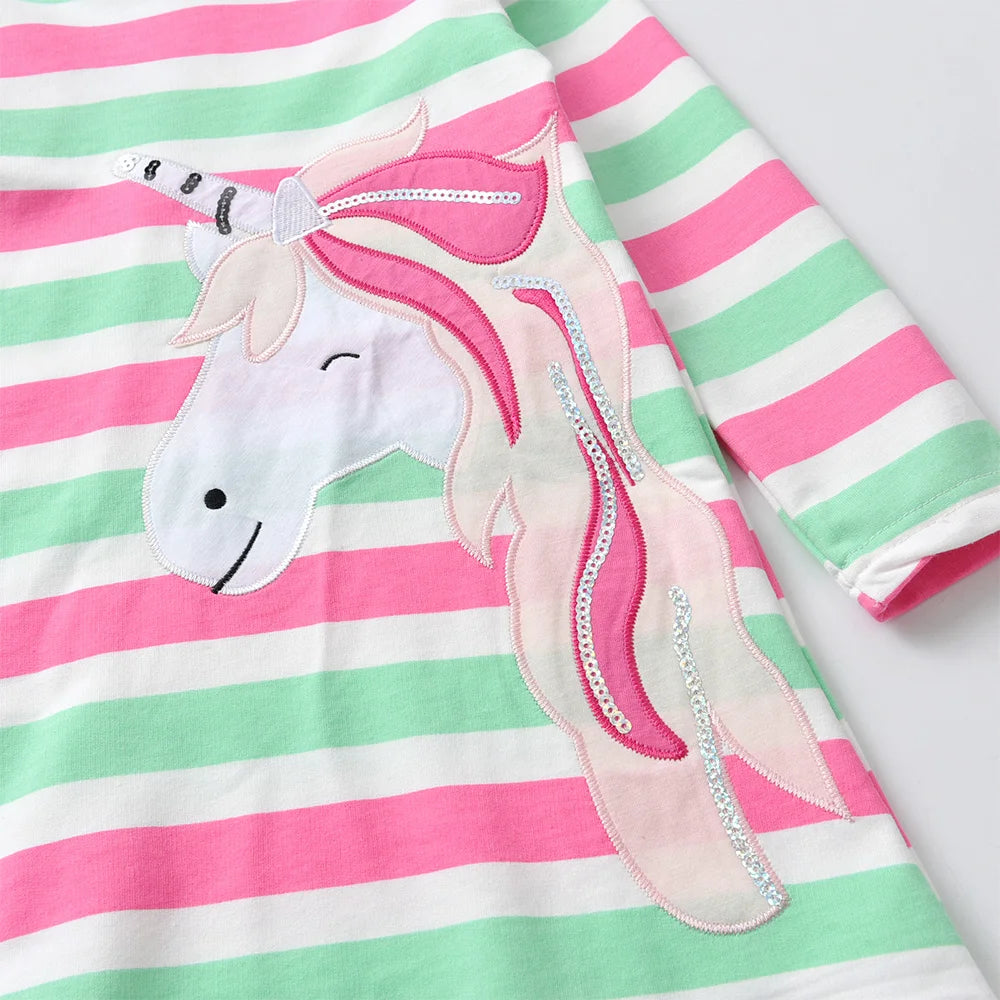 VIKITA Girls Hooded Dress Kids Licorne Appliqued Striped Dresses Girls Autumn Spring Long Sleeve Cotton Casual Straight Dress