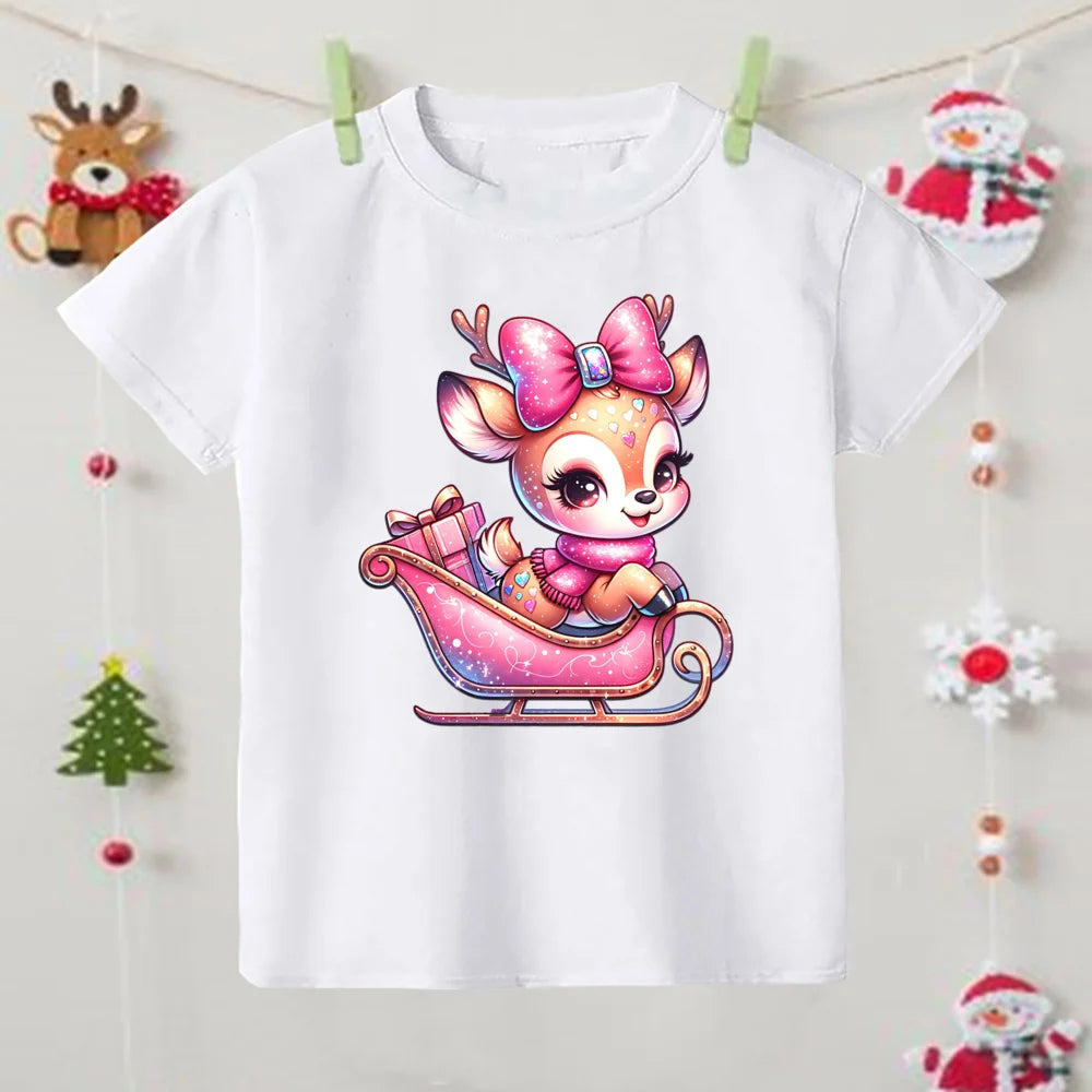 Christmas Fashion Kid Tee Top Round Neck Santa Claus/Tree/Snowman/Elk Print Shirt for Boy Girl Clothes Kids Unise