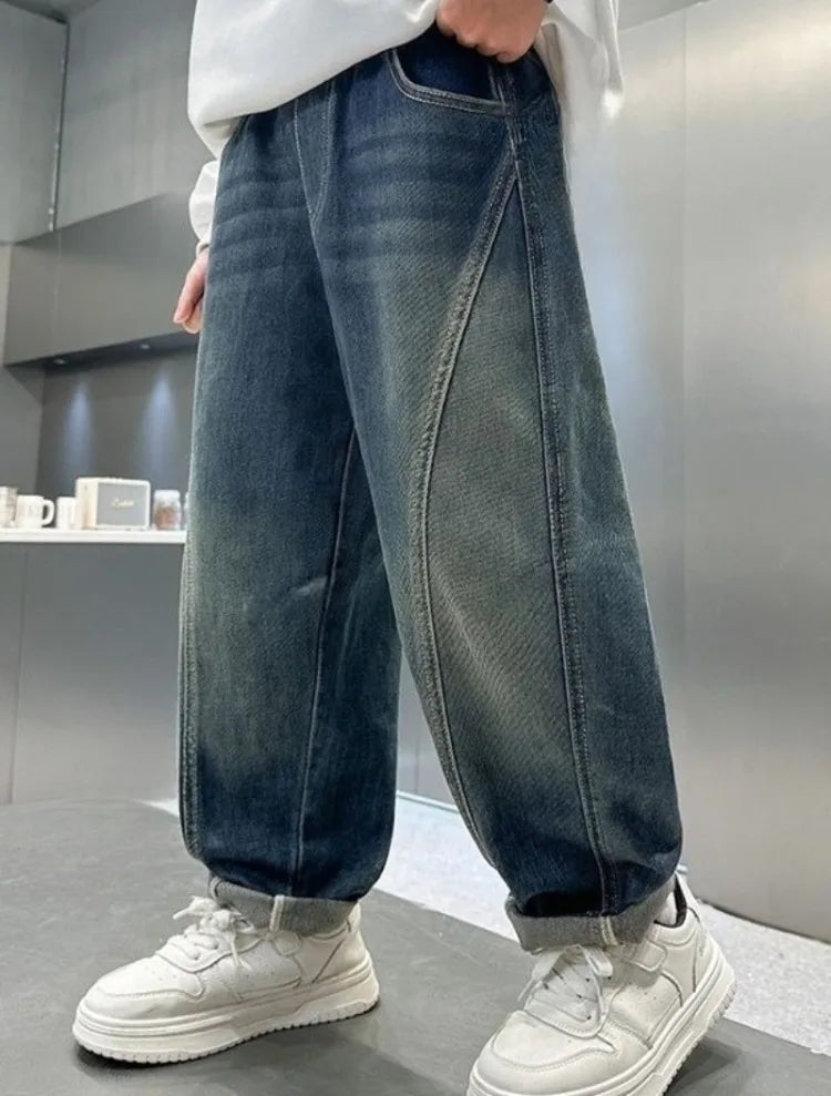 2025 New Korean Style Boys Jeans Spring Autumn Loose Fit Elastic Casual Kids Big Kids Fashion Trendy Jeans