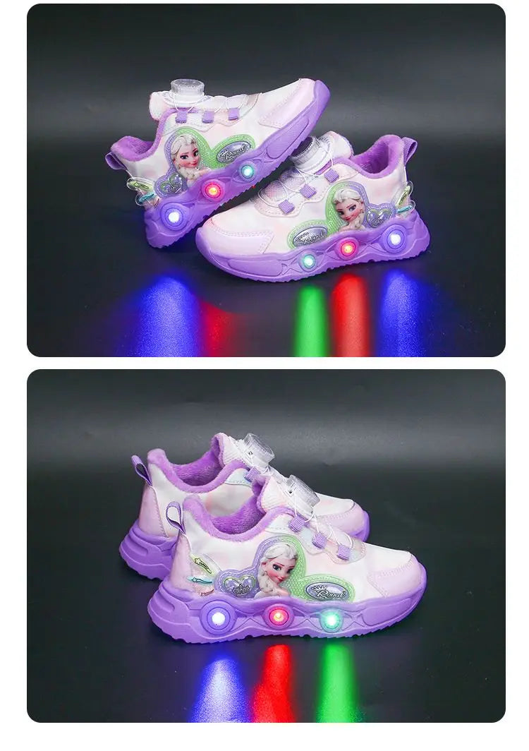 Disney LED Casual Sneakers Pink Purple For Summer Girls Frozen Elsa Princess Print Outdoor Shoes Children Lighted Non-slip Shoes