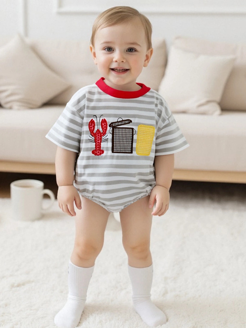 Toddler Boy Casual Striped Romper with Short Sleeves and Cute Lobster Embroidery Round Neck Summer Jumpsuit for Baby Boys