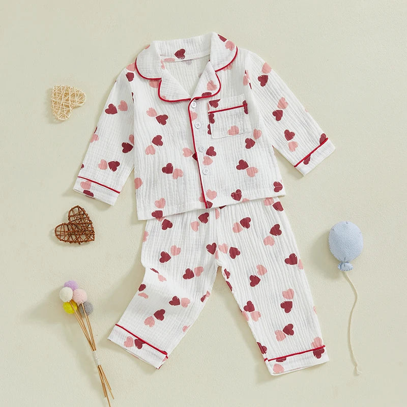 Girls Pajama Set Cute Heart Patterned Long Sleeve Top with Cozy Elastic Waist Pants for a Good Night s Sleep