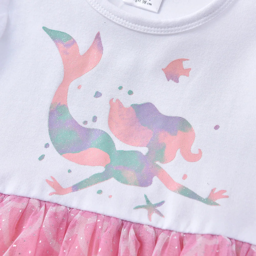 VIKITA Kids Mermaid Print Cartoon Dress Girls Gradient Vacation Birthday Party Casual Princess Flare Sleeve Summer Dresses 3-8 Y