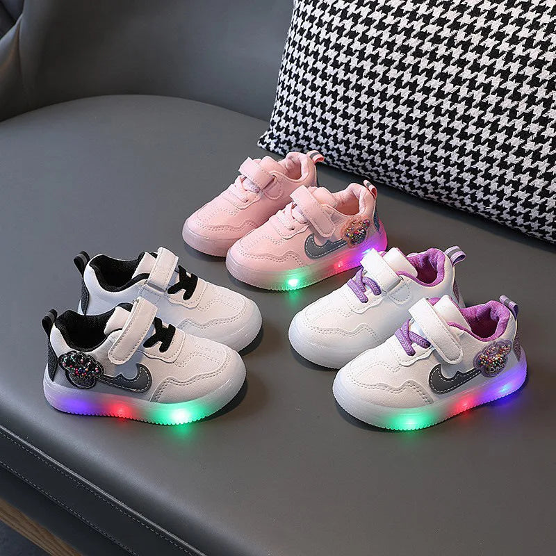 Kids'Casual Shoes Children Led Light Cartoon PU Leather Spring Anti-slip Soft Bottom Sneakers Black Pink Size 21-30