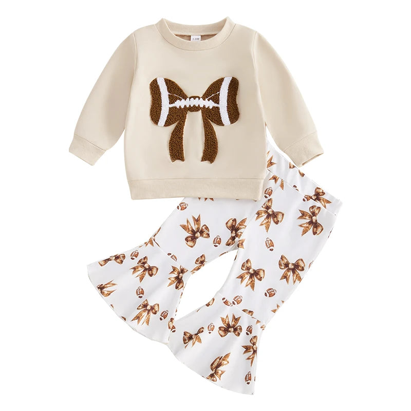Adorable Baby Girls 2-Piece Football Theme Outfit with Long Sleeve Sweatshirt and Pants Set Cute Bow Embroidery Design