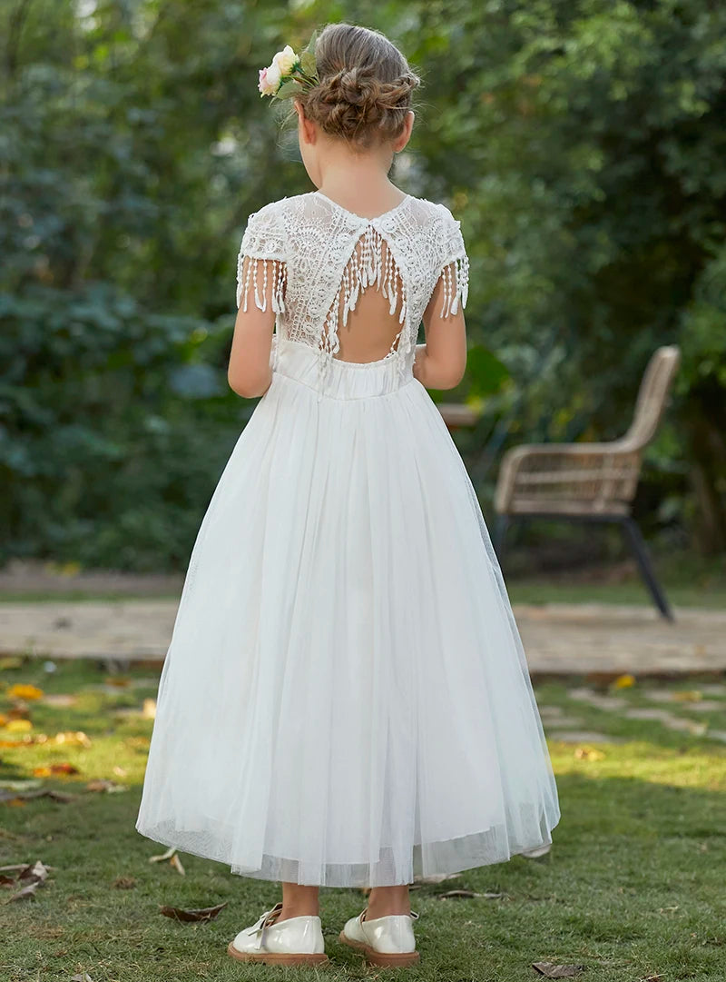 Christmas Girl's New Bohemian Style Lace Tassel Flower Backless Solid Color Fashionable and Atmospheric Gathering Mesh Dress