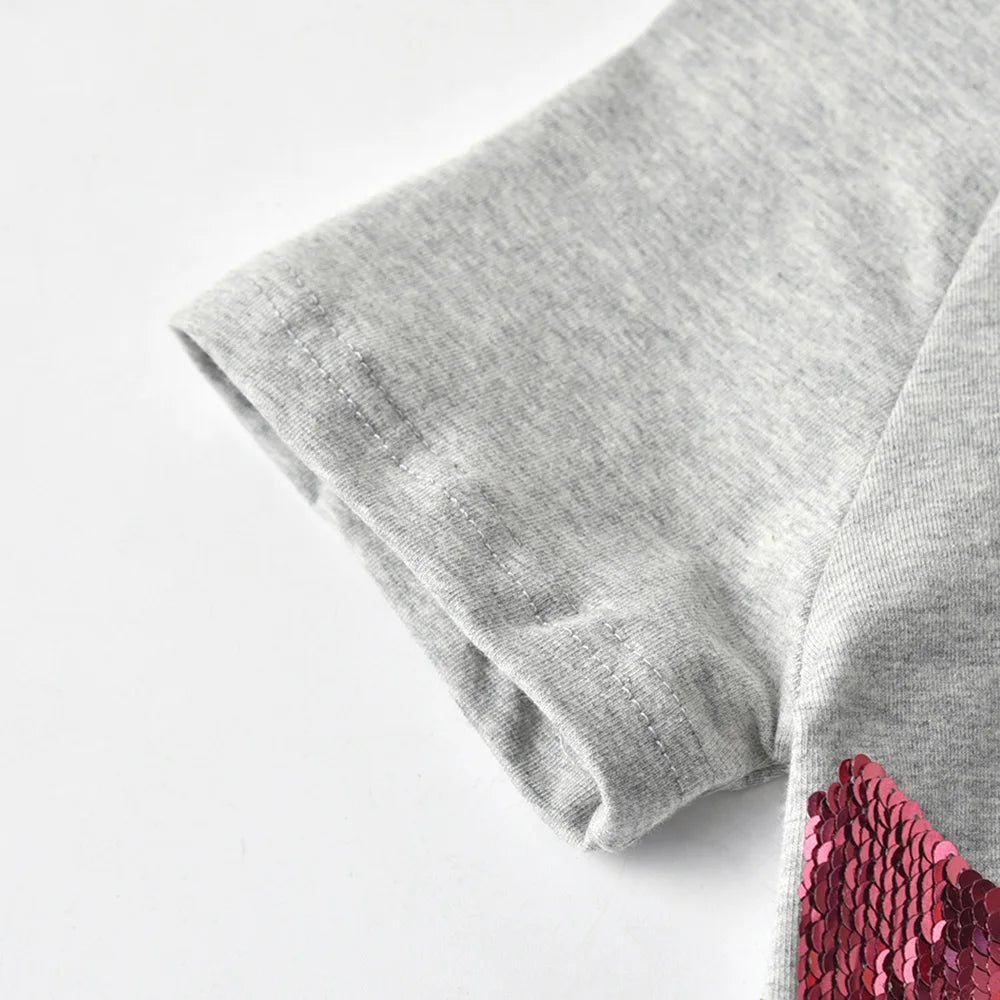 VIKITA Girls Star Sequined Appliqued O Neck Short Sleeve T Shirts Kids Summer Cotton Casual Daily Fashion Tees Tops Wear Clothes