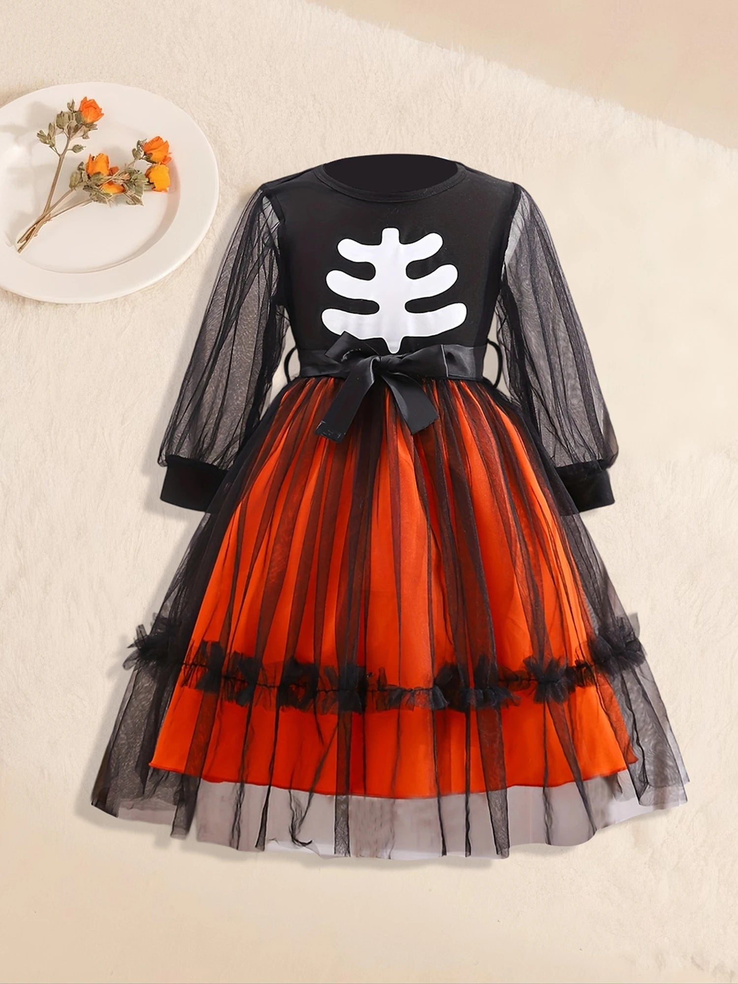Girls Halloween Costume Dress Skeleton Print Long Sleeve Crew Neck Tulle Patchwork Fall Dress for Kids Party Wear