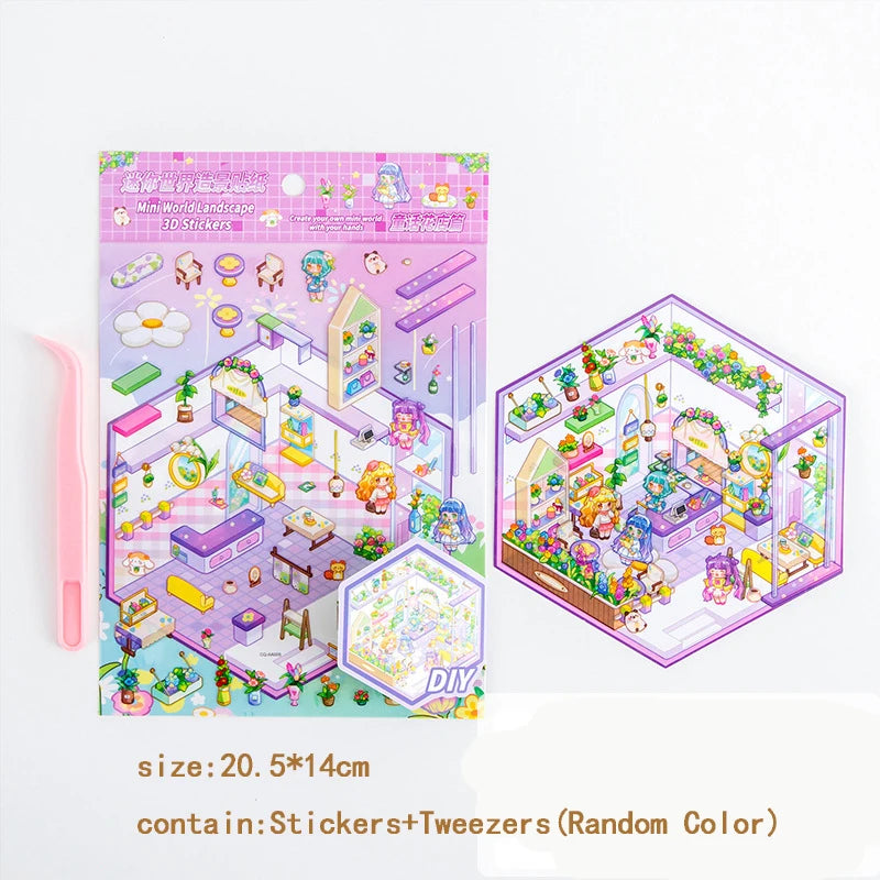 DIY 3D Sticker+Tweezers Cartoon Pocket Princess Room Scene Stacking and Pasting Festival Birthday Gift for Kid Child Student