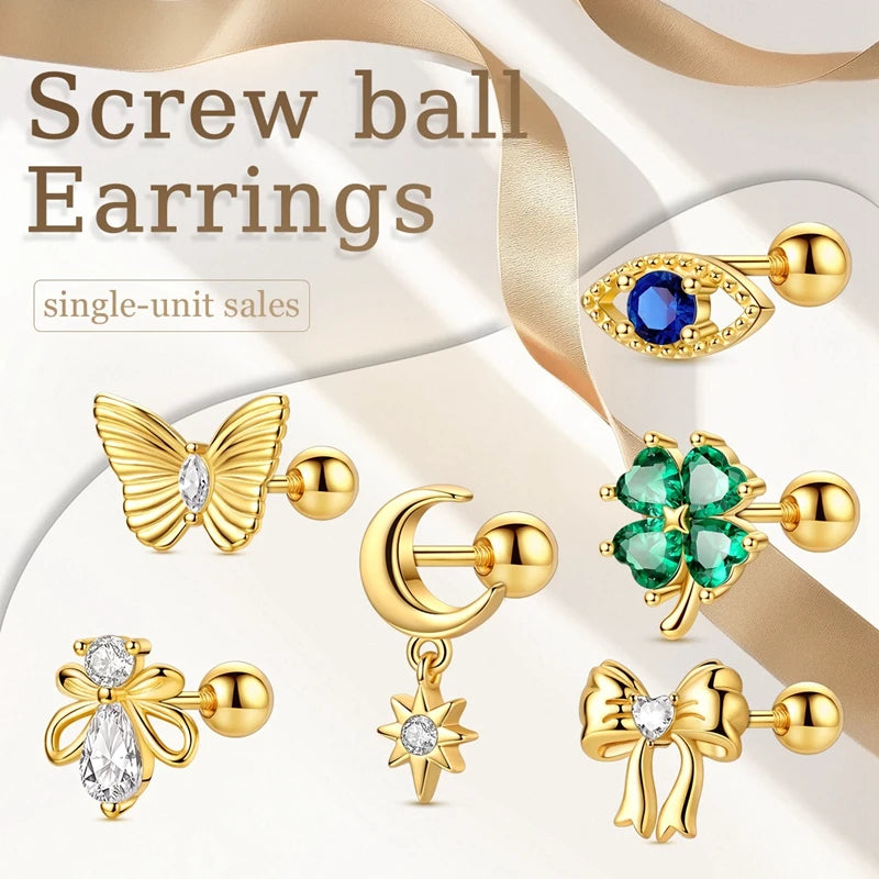 Fashion 925 Sterling Silver Plated Gold Clover Bowknot Butterfly Cartilage Puncture Spiral Bead Stud Earring For Women Ins Style