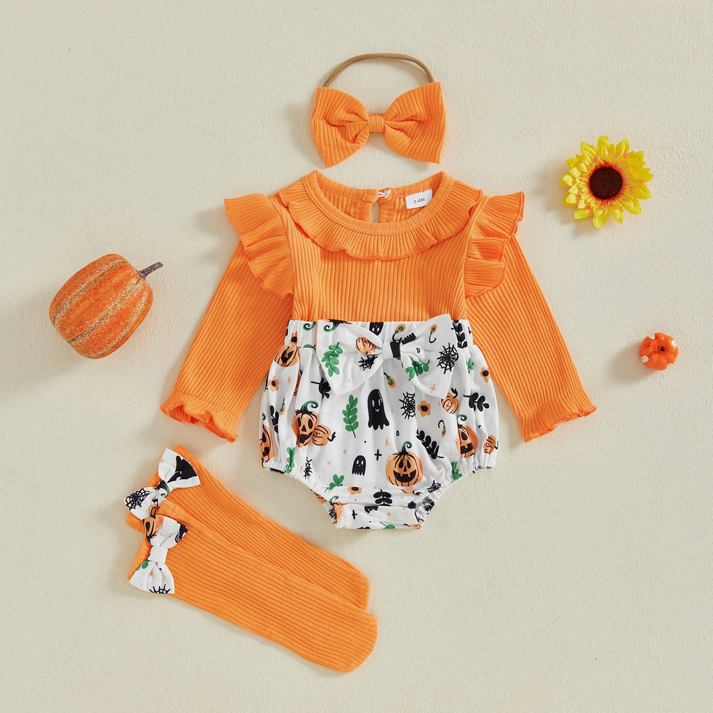 Adorable Baby Boys Halloween Costume Ghost Print Romper with Hat and Socks Set for Infant Toddler Outfits Spooky Fun