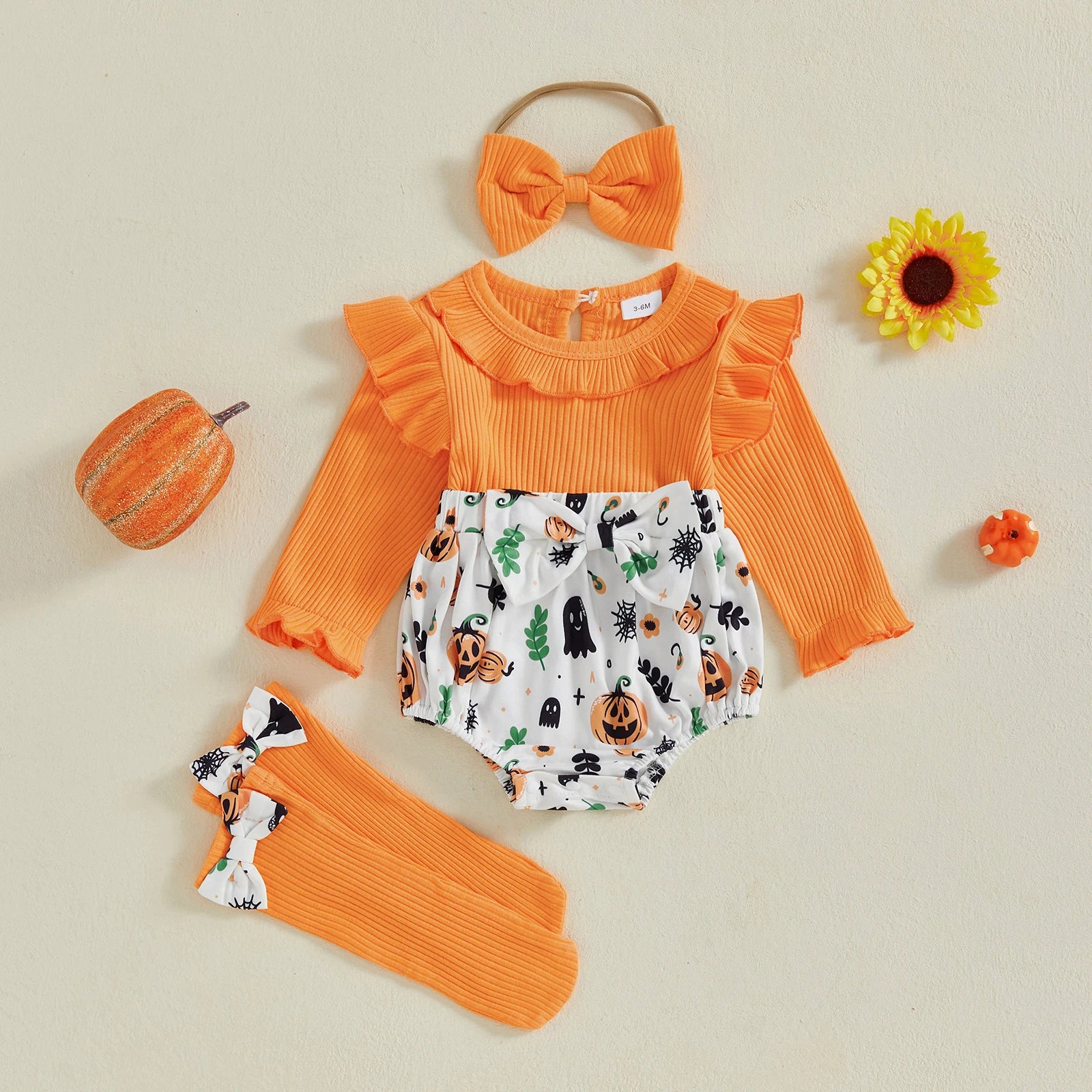 Adorable Baby Boys Halloween Costume Ghost Print Romper with Hat and Socks Set for Infant Toddler Outfits Spooky Fun