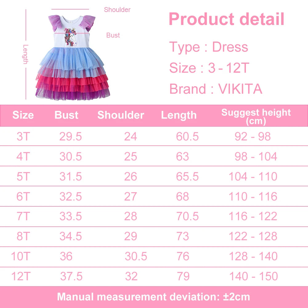 VIKITA Teenagers Girls Licorne Sequined Appliqued Cartoon Dress Kids Colorful Tiered Tulle Layered Tutu Dresses for Summer 3-12Y