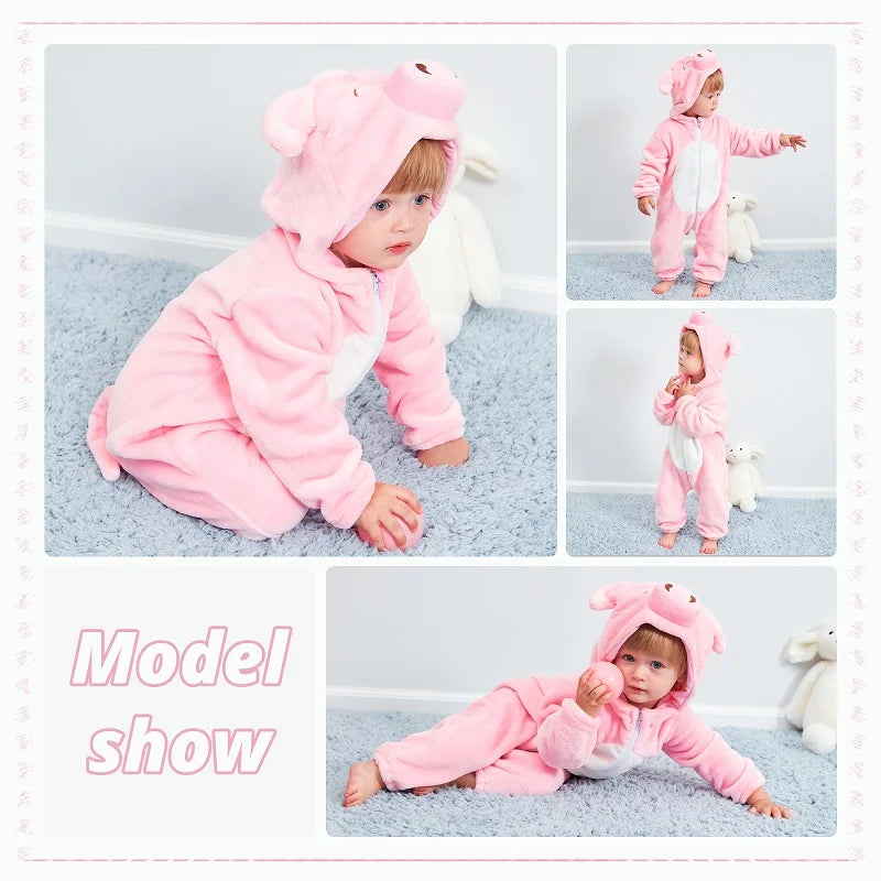 MICHLEY Halloween Costume Infant Baby Clothes Rompers Winter Flannel Hooded Bodysuits Pajamas Animals Overall Jumpsuit For Bebe