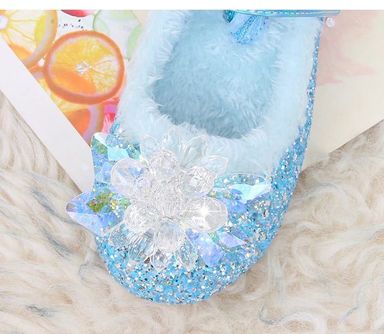 Disney Girls' Plush Slippers Frozen Cute Children's Princess Elsa Winter Cotton Slippers Baby Snow Home Pink Blue Shoes Size 23