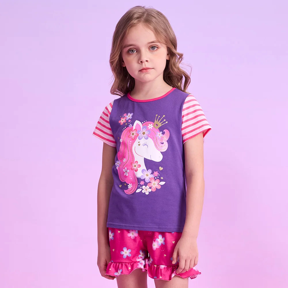 VIKITA Girls O Neck Short Sleeve Summer T Shirts Kids Unicorn Print Cartoon Tops and Tees Girls Cotton Casual Daily Clothes