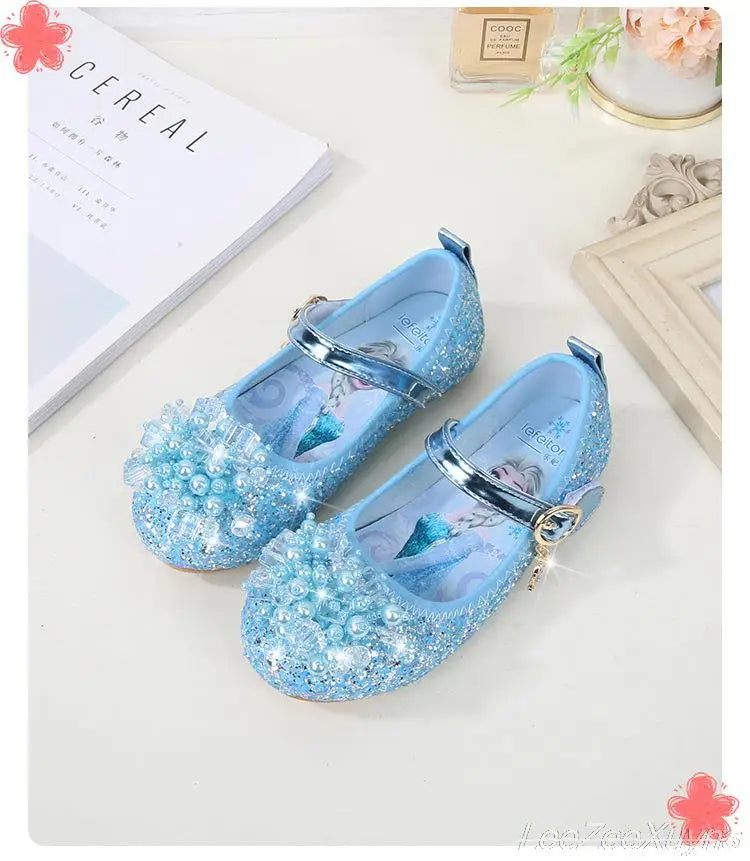 Disney Girls Princess Shoes Soft Sole Little Girl Frozen Children Crystal Casual Shoes Flat Leather Show Dance Shoes Size 22-36