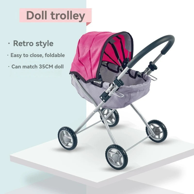 2-in-1 Baby Doll Stroller with Canopy Storage Basket Doll Pushchair Trendy Pram Kids Pretend Play Toy Fits Dolls Up to 18"/45cm