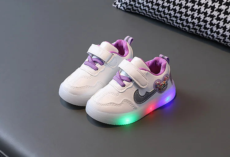 Kids'Casual Shoes Children Led Light Cartoon PU Leather Spring Anti-slip Soft Bottom Sneakers Black Pink Size 21-30