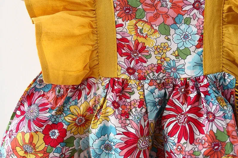 New Summer Baby Girls Dress Floral Print Full Print Sweet Princess Dress Bow Ribbon Small Flying Sleeves + Hat (0-3 Years)