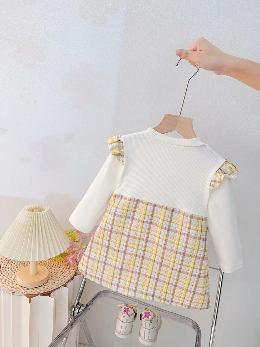 Small Plaid Baby Girl Dress, Spring And Autumn New Cartoon Rabbit Children'S Long Sleeved Clothes (9 Months -3 Years Old)