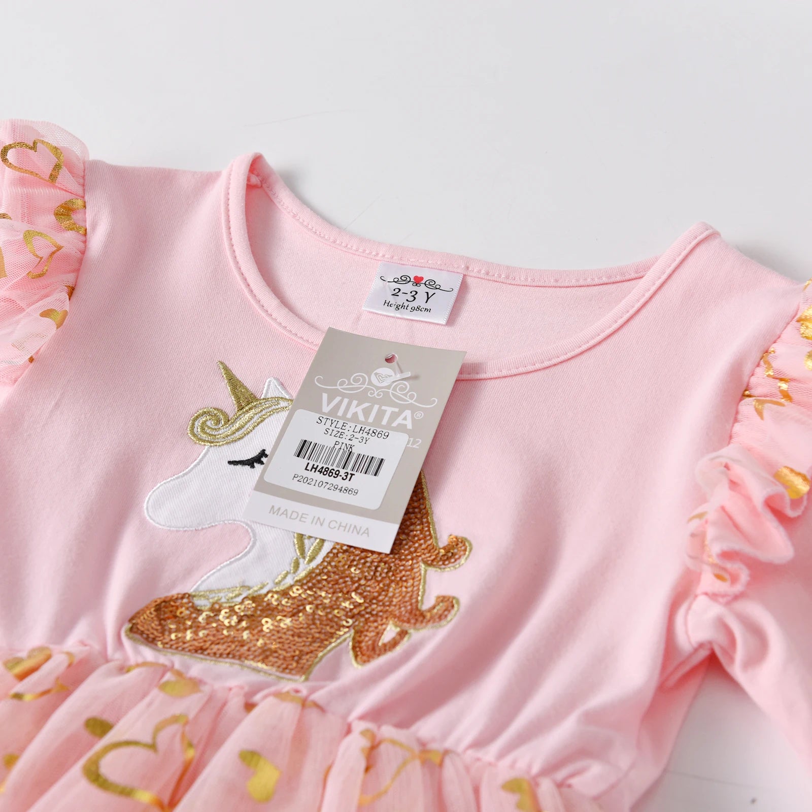 VIKITA Girls Pink Long Sleeve Dress Girls Heart Shape Print Princess Dresses Toddlers Tulle Mesh Festive Casual Wear Costumes