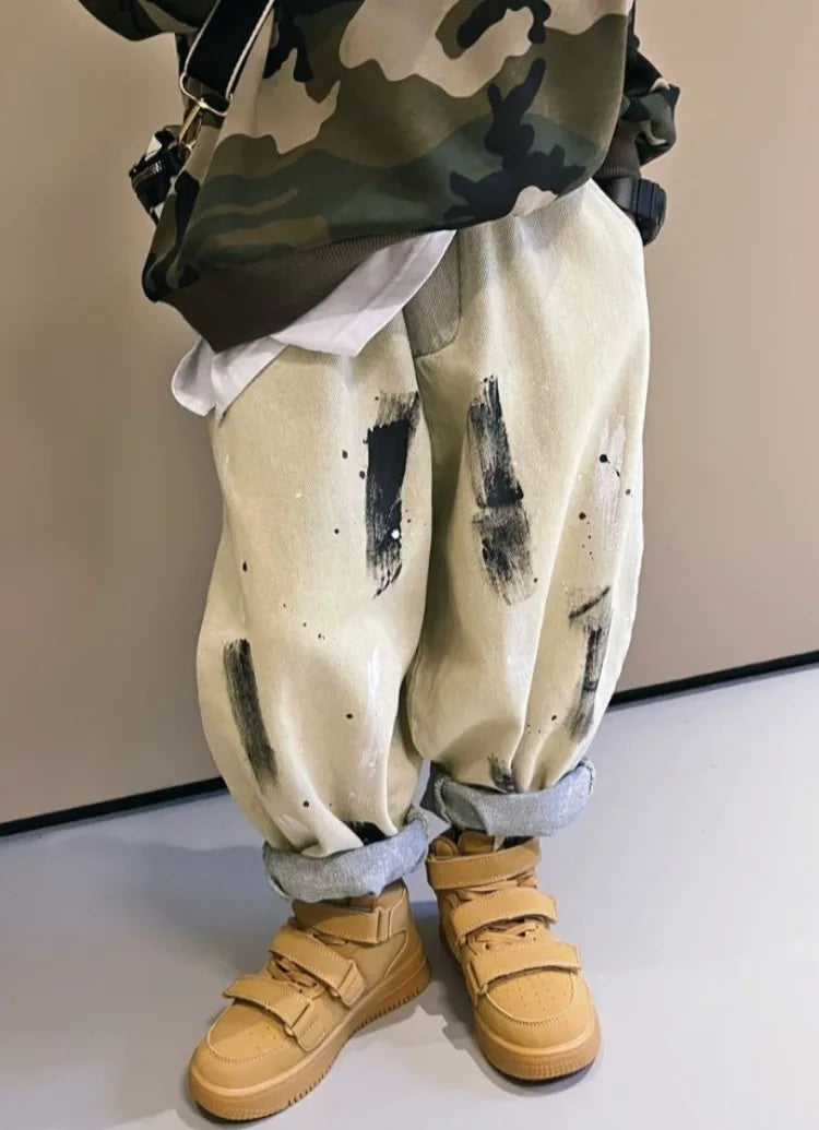 2025 Spring/Autumn Boys' Hip-Hop Long Pants, Kids' Size 12-14 Versatile Graffiti Casual Streetwear Trousers
