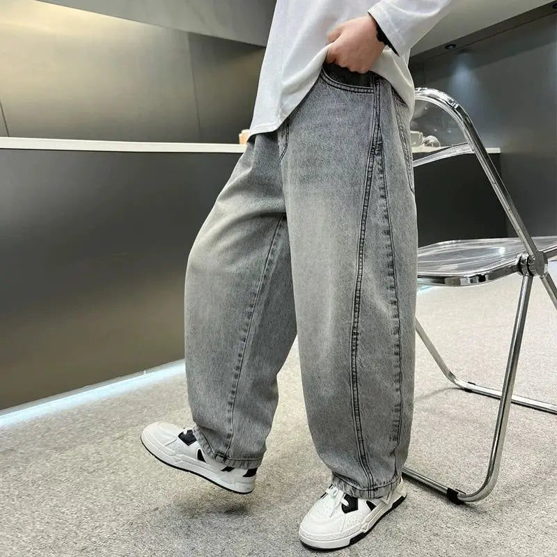 Light Grey Boys' Denim Pants Spring Autumn Casual Relaxed Fit Medium To Large Kids Jeans