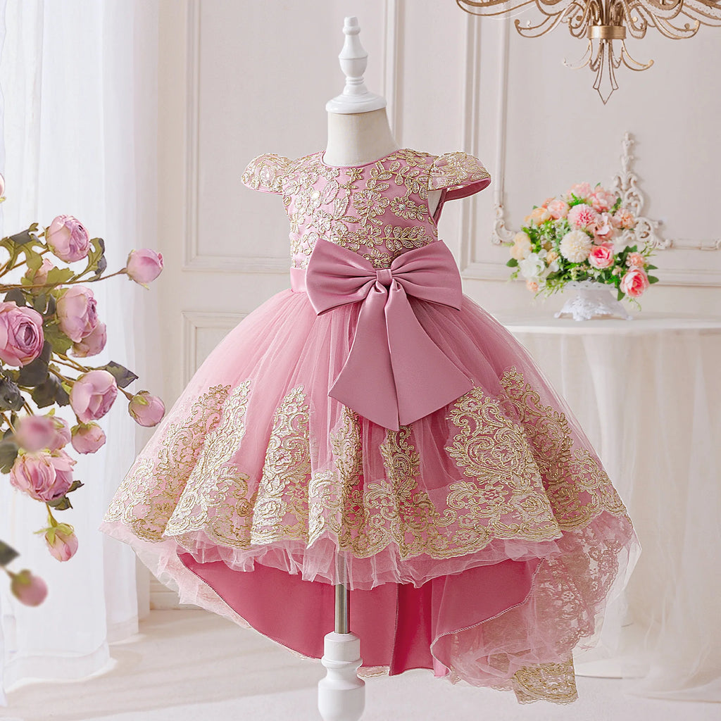 Elegant Embroidery Bow Bridesmaid Party Girls Dress Trailing Flower Wedding Birthday Princess Dresses Girl Evening Prom Vestidos