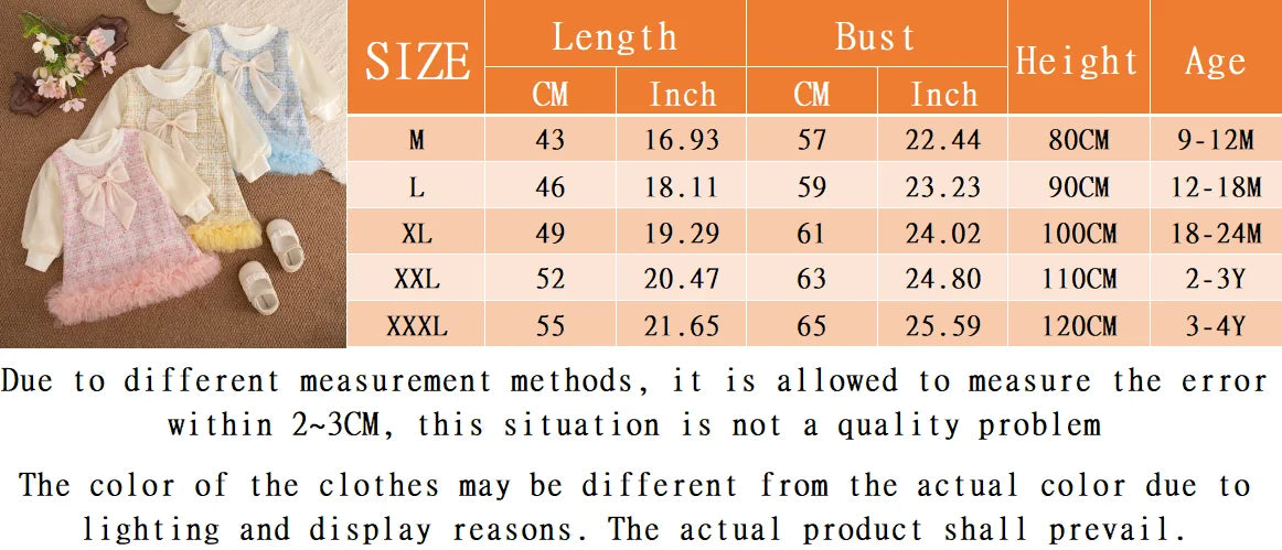 Autumn New Sweet Bow Baby Girl Princess Dress, Birthday Party Children'S Clothing Suitable For Babies Aged 9 Months To 4 Years